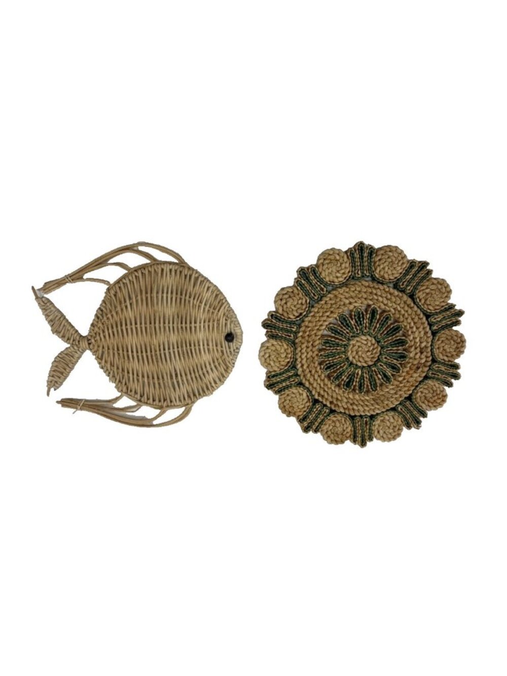 Vintage Wicker Straw Trivets Fish & Round Hot Pads Pot Mats Lot of 2 Boho Beach